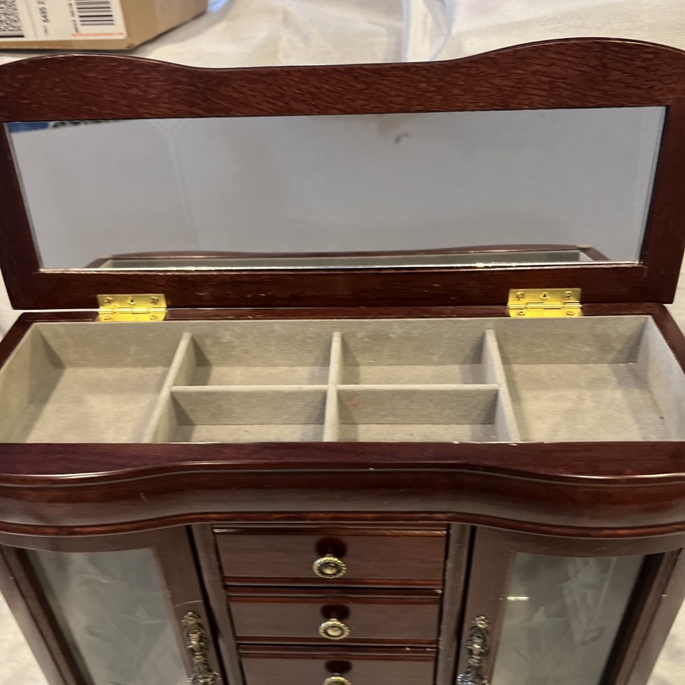 Large Vintage Lift Top Wooden Jewelry Box Etched Glass Doors- 4 Drawers 13.5x11 - Picture 2 of 16